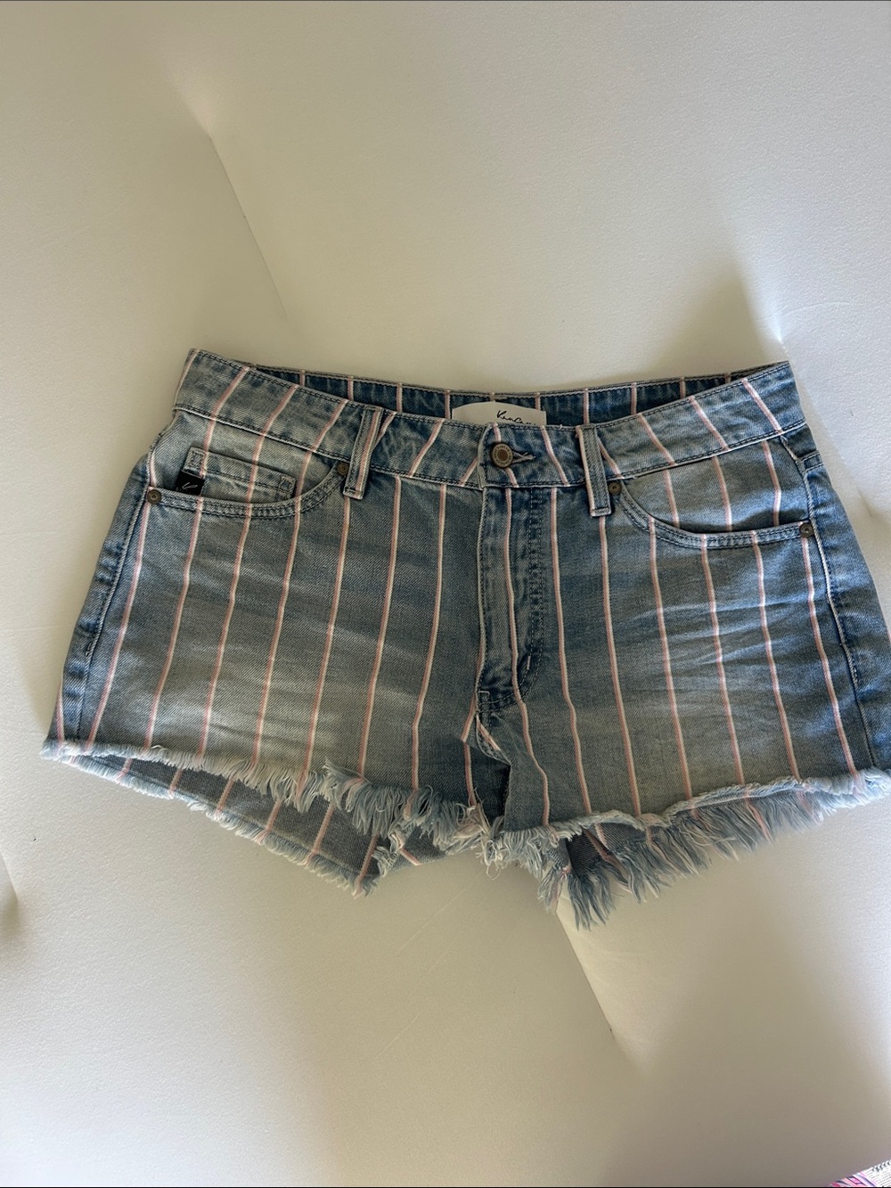 KanCan Striped Denim Frayed Hem Women's Shorts - Blue with Pink Stripes